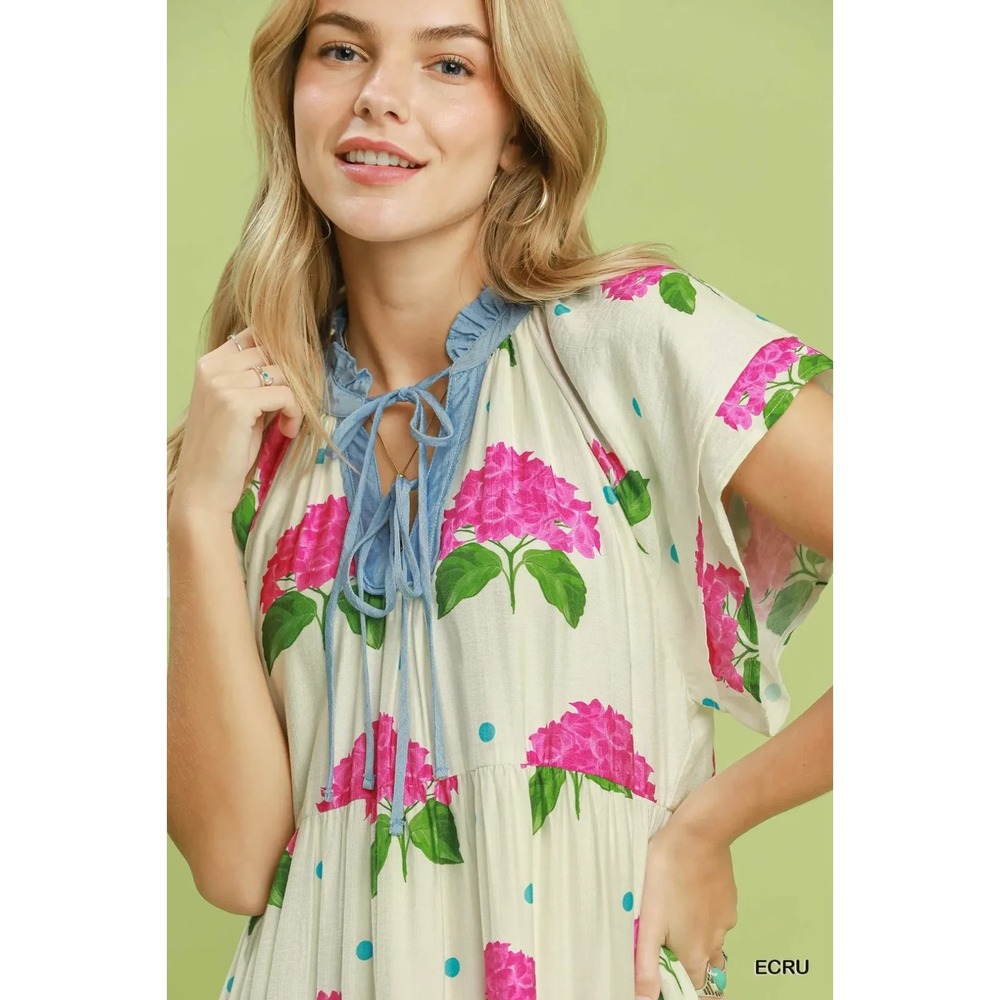 Umgee Hydrangea Print Tiered Midi Dress - Ecru - Medium - Picture 5 of 5